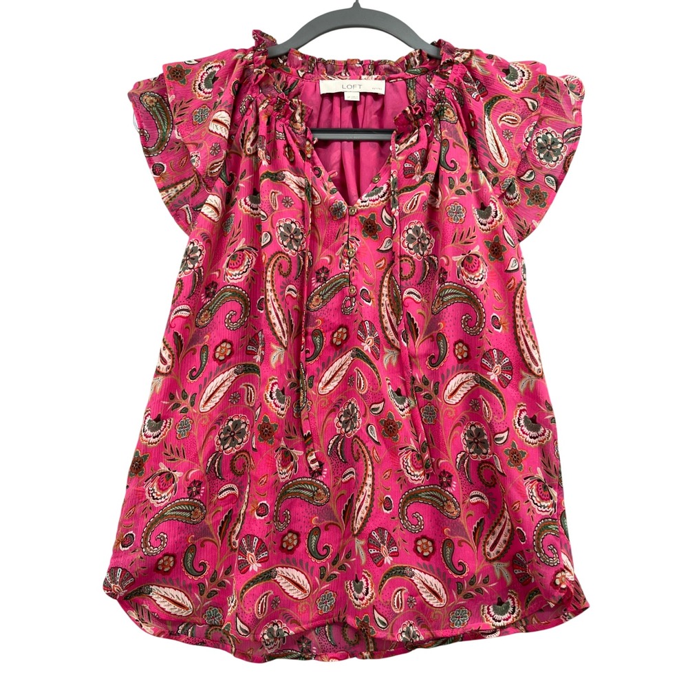LOFT Blouse Womens Pink Paisley Flutter Sleeve Boho Peasant Top